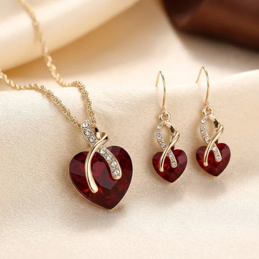 Gold Ruby Twisted Heart Jewelry Set