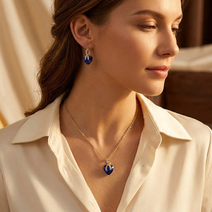 Gold Sapphire Heart Necklace and Earrings Set