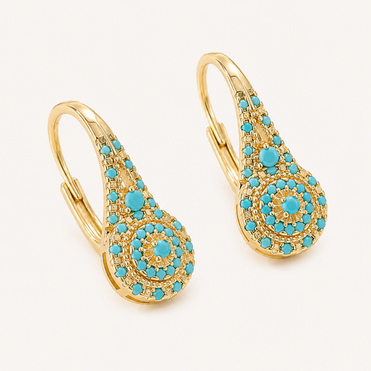 Turquoise Mosaic Teardrop Gold Earrings