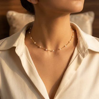 Gold Spaced Pearl Chain Necklace