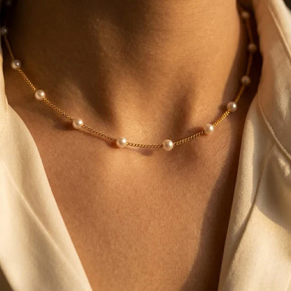 Gold Spaced Pearl Chain Necklace