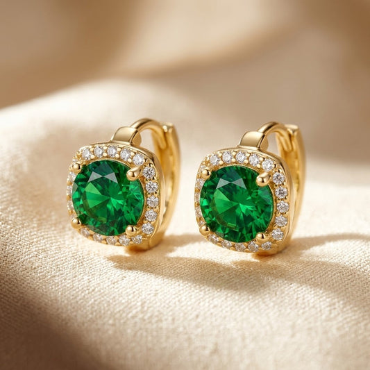 Gold Emerald Halo Hoop Earrings