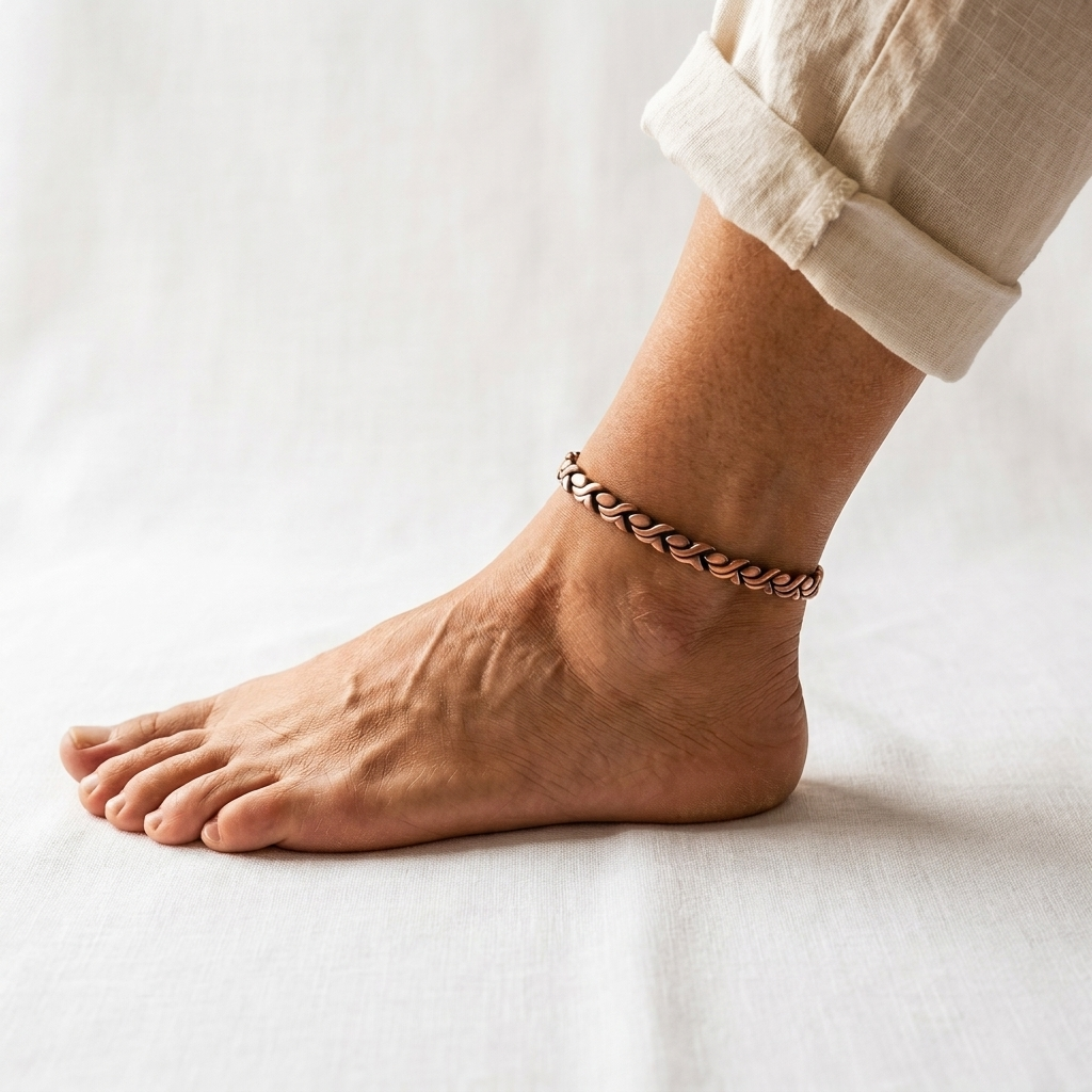 Vera's Dune Copper Anklet on white linen background