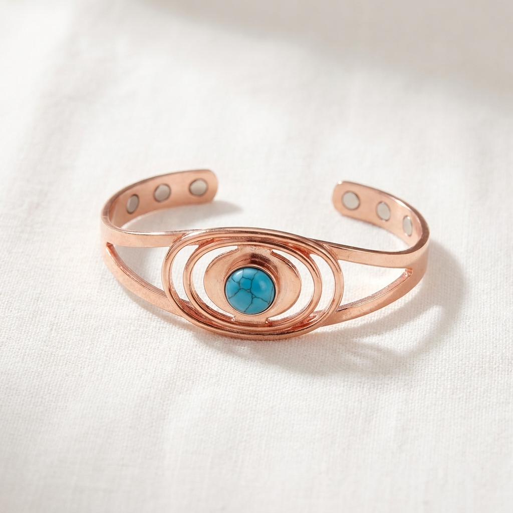 Vera's Sedge Copper Bracelet on white linen background