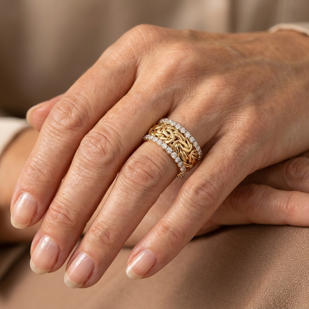 Vintage Gold Braided Zirconia Ring - worn on hand