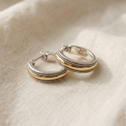 Vintage Golden Line Silver Hoop Earrings - product photo