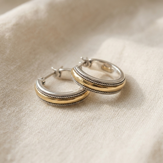 Vintage Golden Line Silver Hoop Earrings - product photo