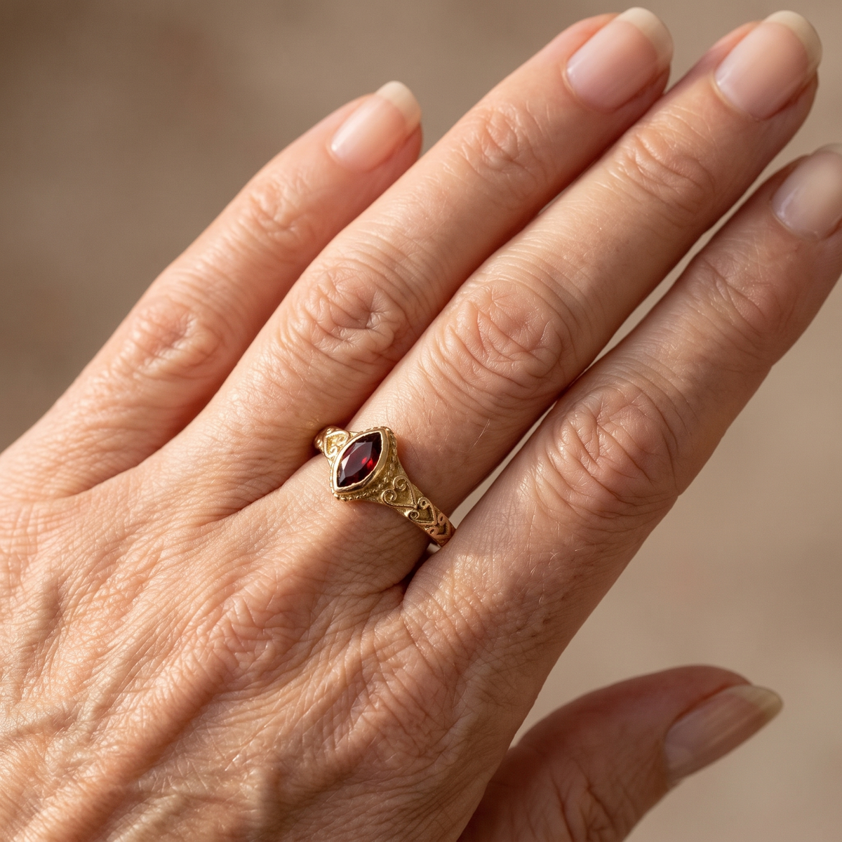 Golden Vintage Ring with Red Crystal - worn