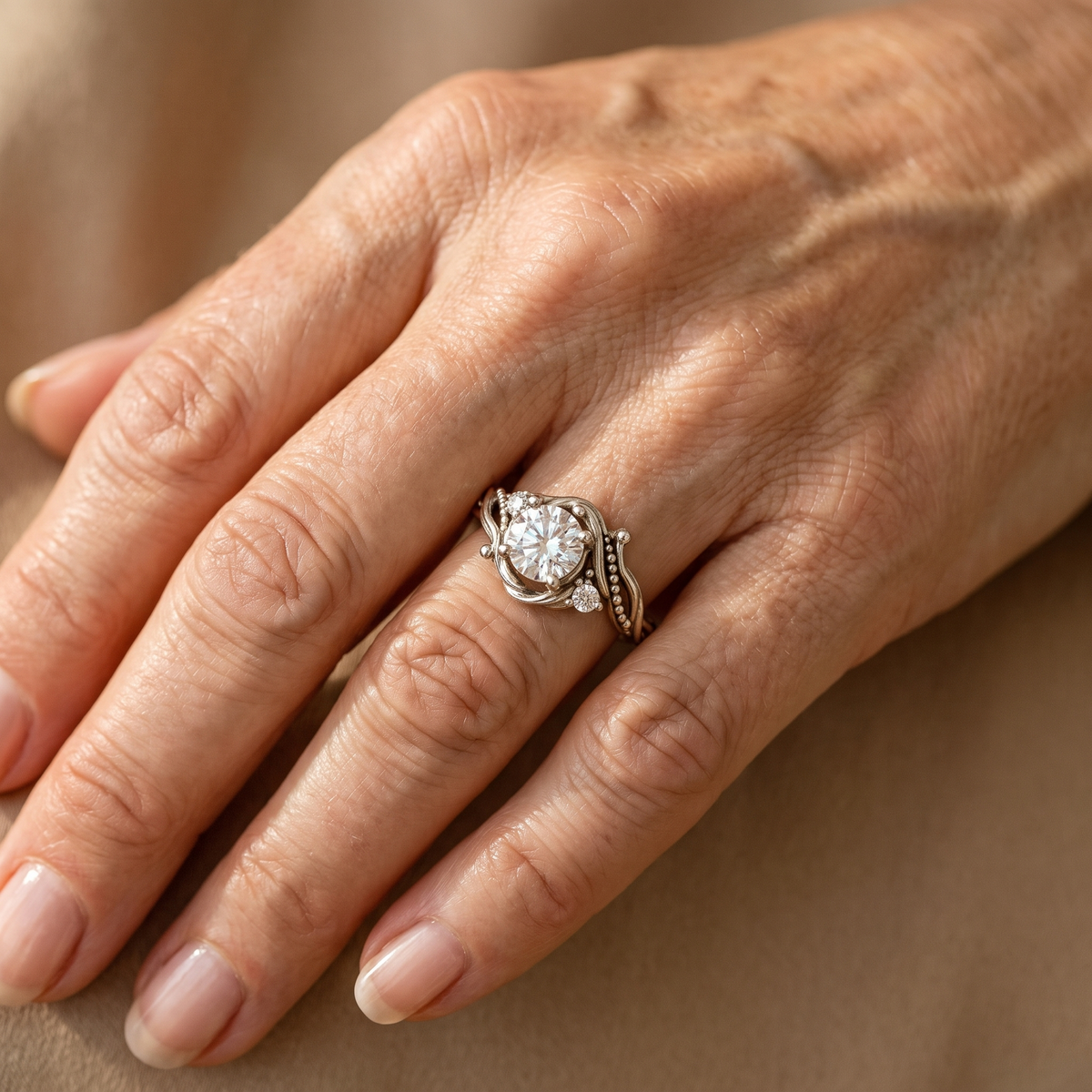 Elegant Silver Branch Zirconia Ring - worn