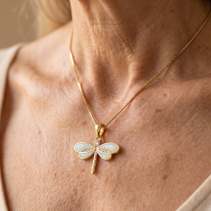 Dragonfly Necklace in Gold with Opal - worn