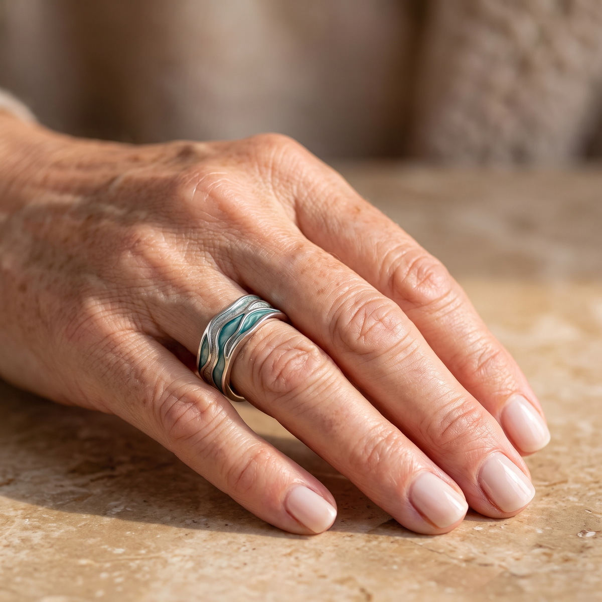 Turquoise Silvered Waves Ring - worn