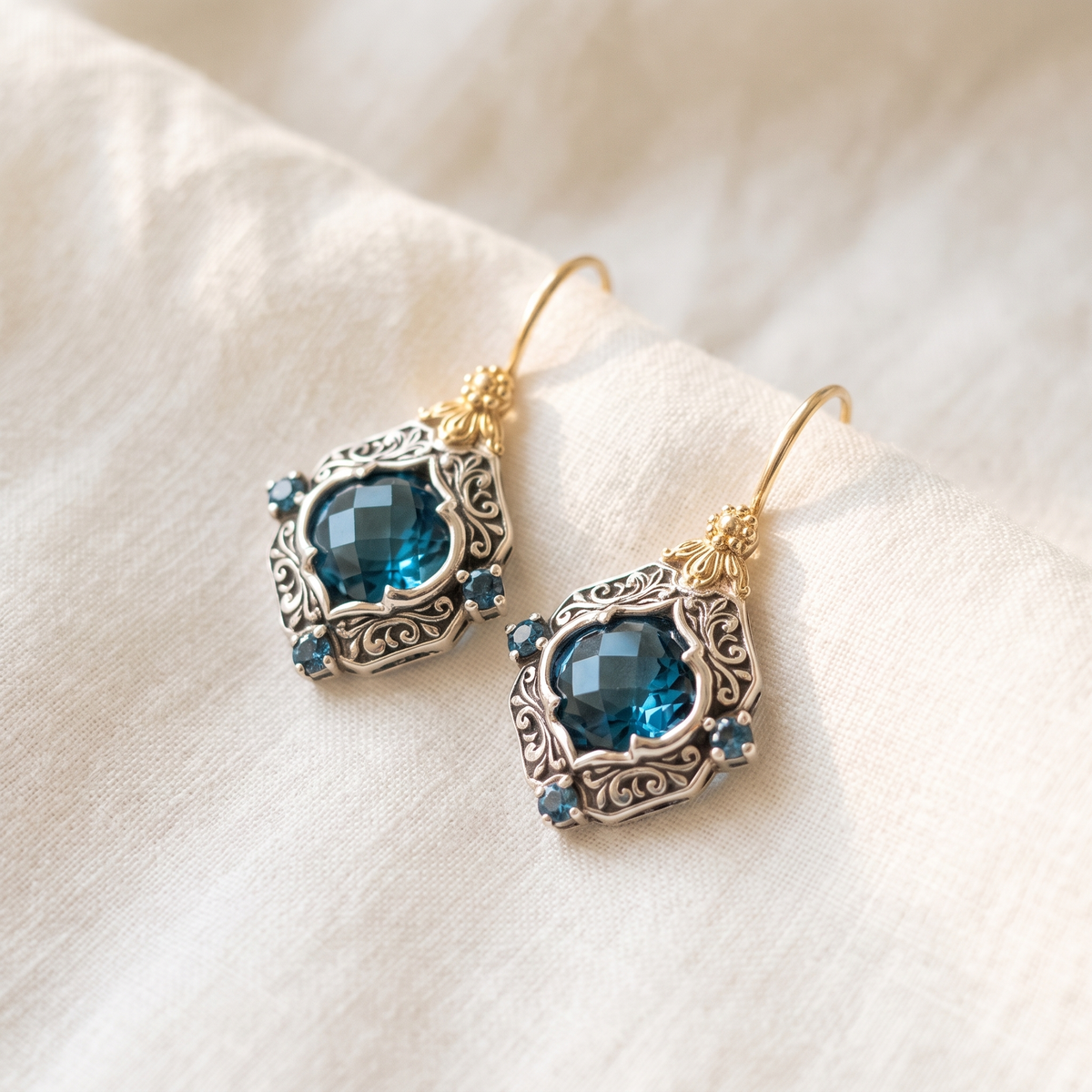 Vintage Blue Crystal Gold & Silver Earrings - product photo