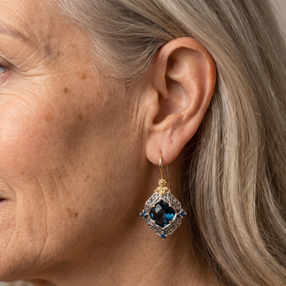 Vintage Blue Crystal Gold & Silver Earrings - worn