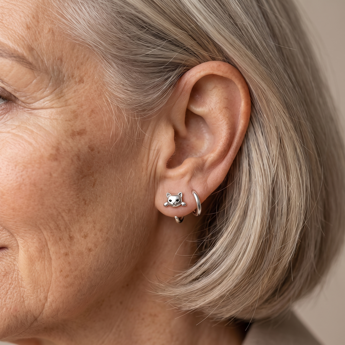 Silver Cat Earrings - worn