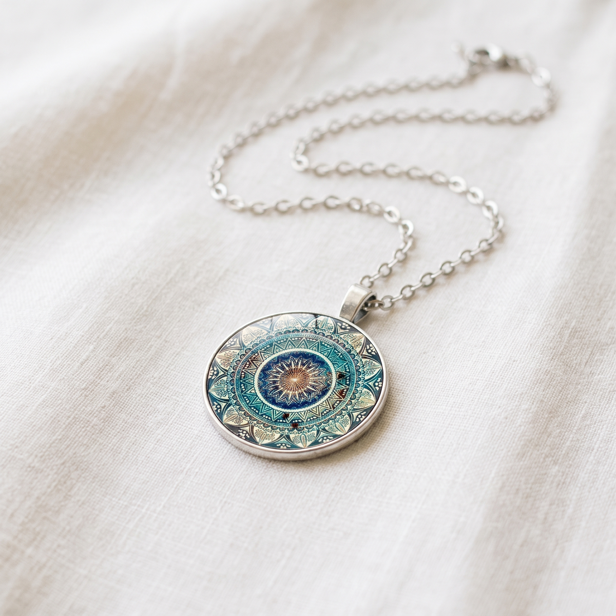 Vintage Rounded Blue Mandala Necklace - worn
