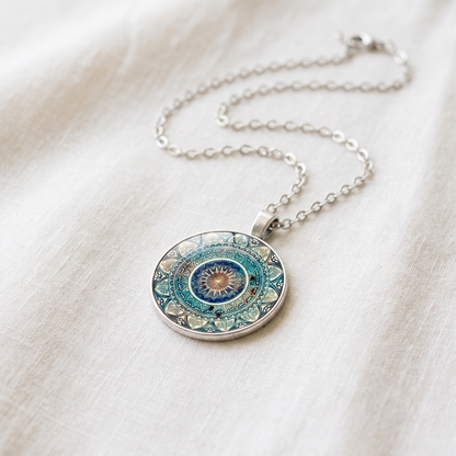 Vintage Rounded Blue Mandala Necklace - worn