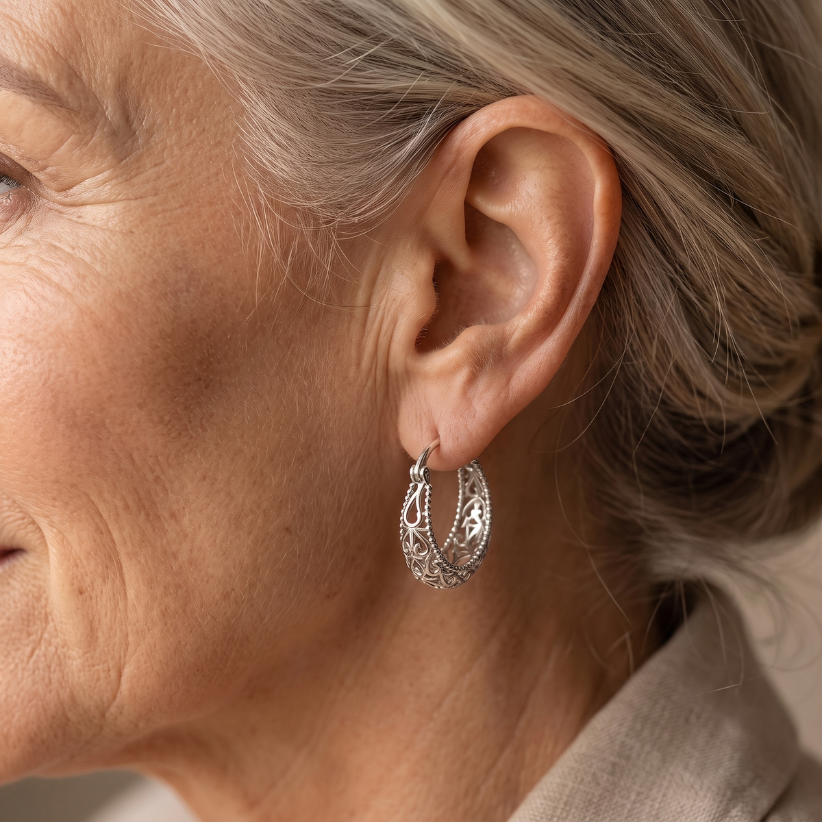 Ornate Heirloom Filigree Hoops - worn