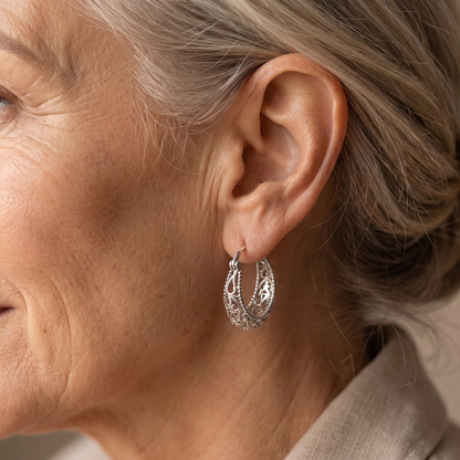 Ornate Heirloom Filigree Hoops - worn