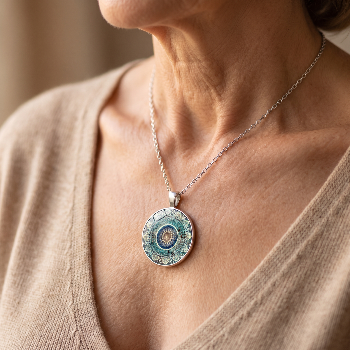 Vintage Rounded Blue Mandala Necklace - product photo